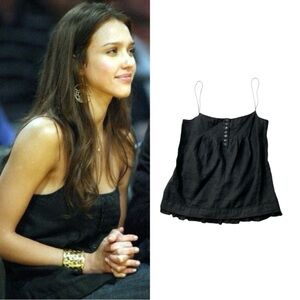 Linen Button-Up Pleated Lace Trim Camisole As Seen On Jessica Alba